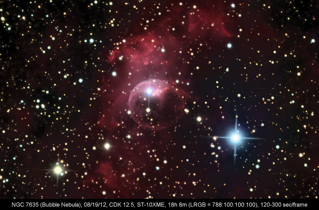 25 NGC 7635 (Bubble Nebula, my first).png - For my first experience with CCD Commander, I set it going in the afternoon while the sun was still up, then went off to our club's dark sky site with my Dobsonian.  As luck would have it, I came back to find that almost nothing had worked right!  That's one of the downsides of using an automated program.  But I kept at it, and with over 18 hours of exposures, I got this picture.